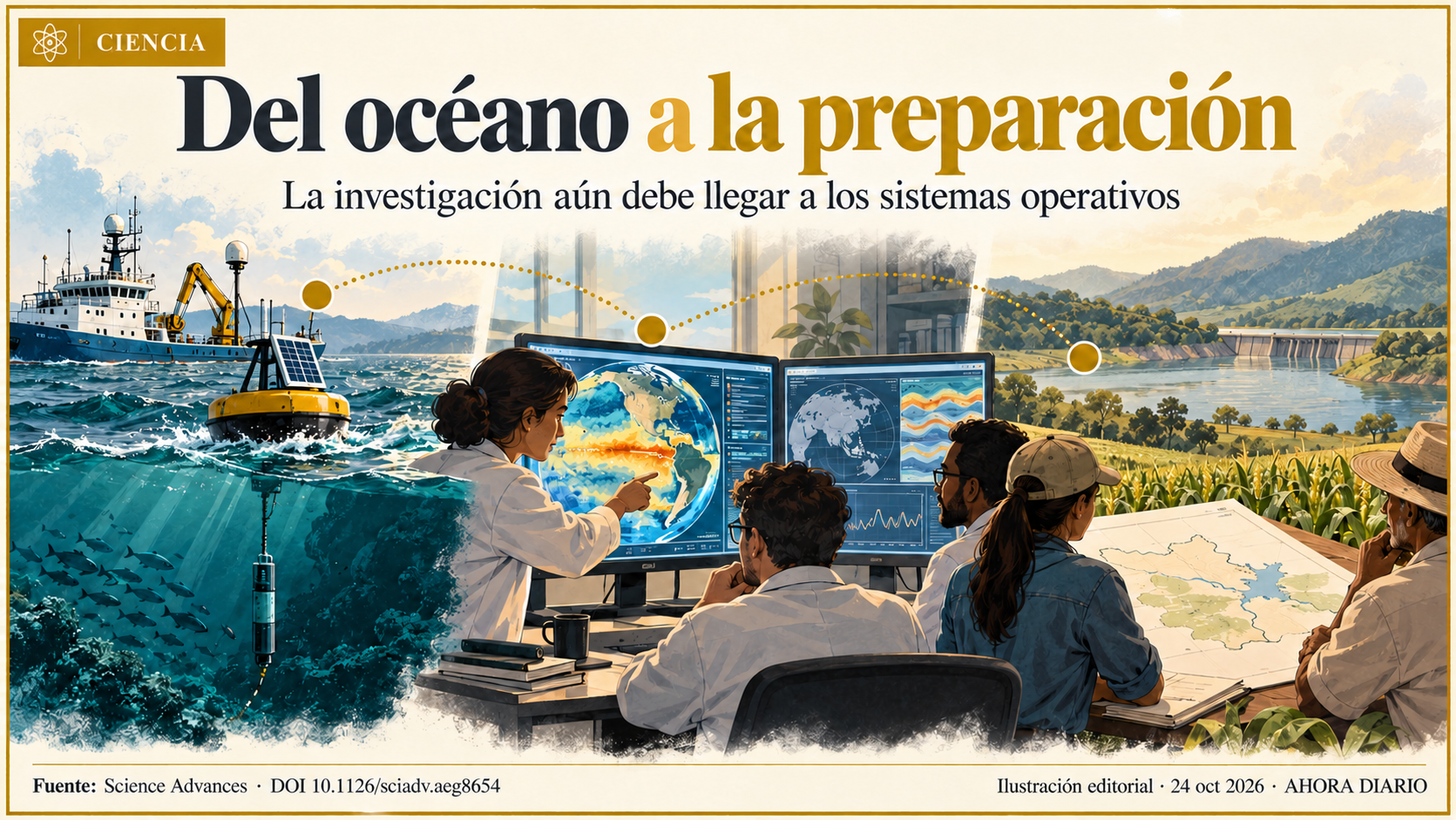 Ilustración conceptual de observación oceánica, información climática y preparación, sin pronóstico para un lugar específico.