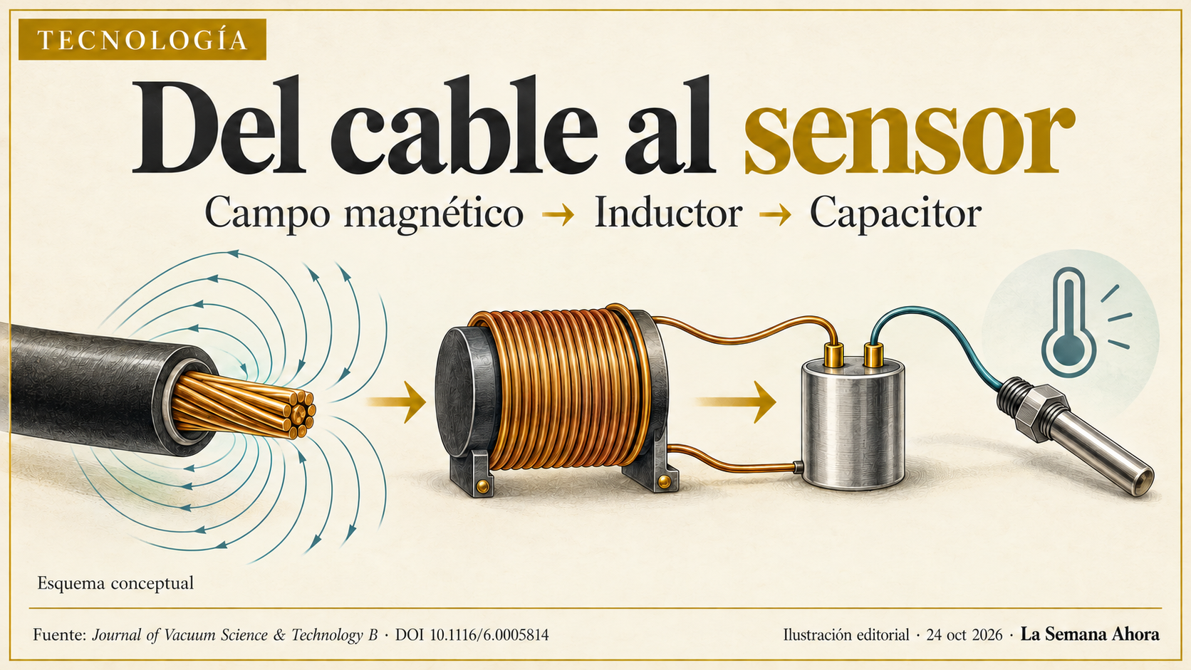 Cadena conceptual desde campo magnético del cable hasta inductor y capacitor que abastece un sensor.