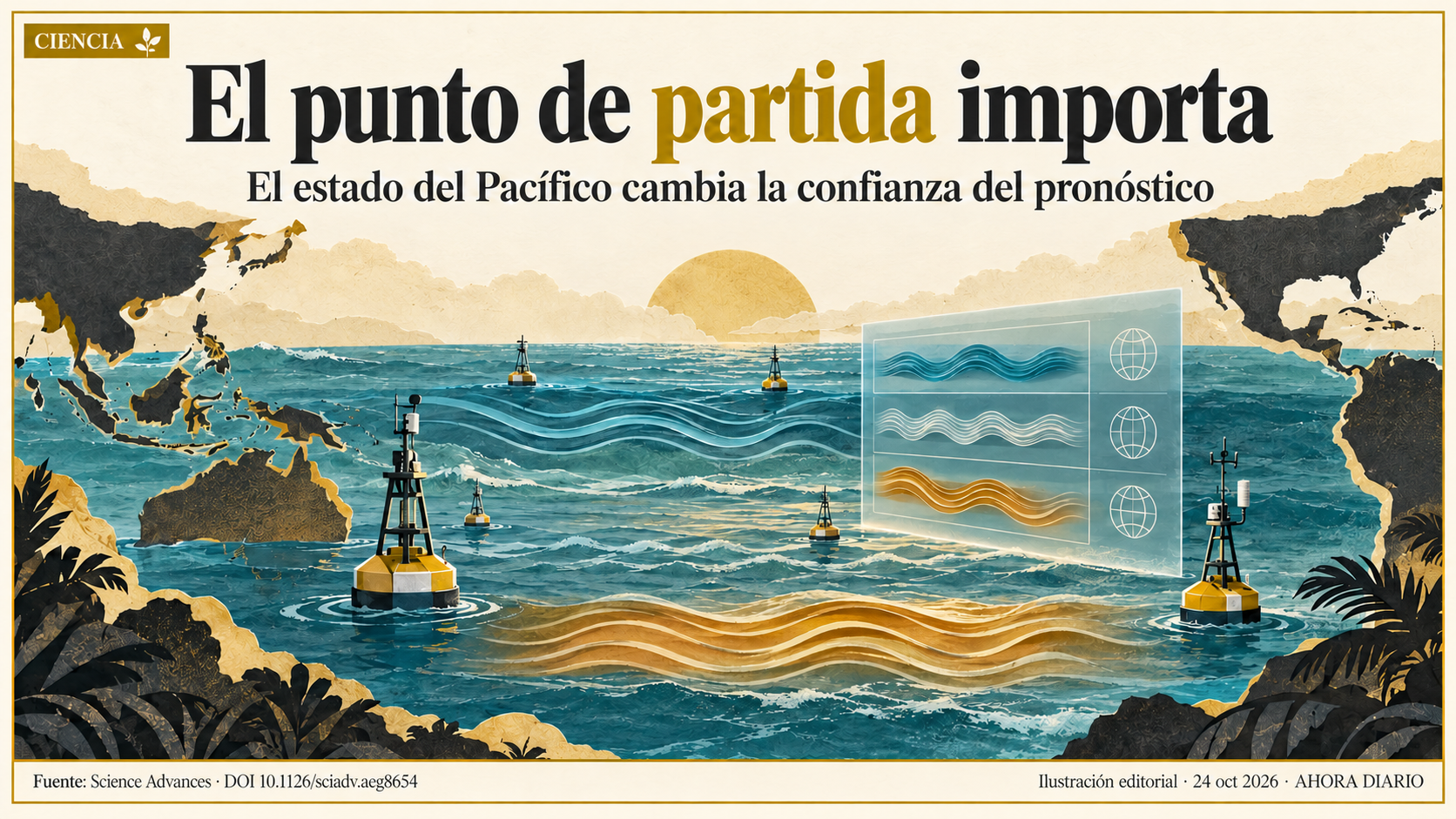 Océano Pacífico esquemático con zonas cálidas y frías que representan condiciones iniciales distintas.