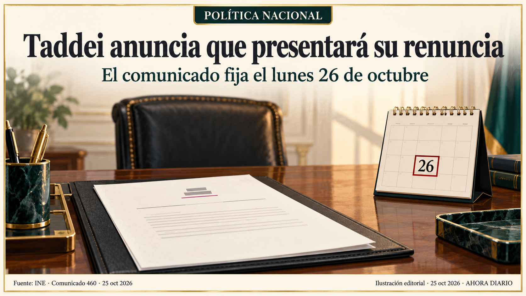 Escritorio y calendario ilustrativos del anuncio de renuncia.