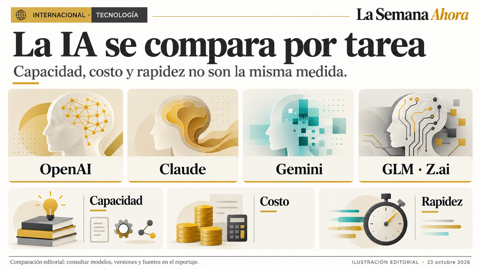 Diagrama conceptual de capacidad, costo y rapidez al elegir inteligencia artificial.