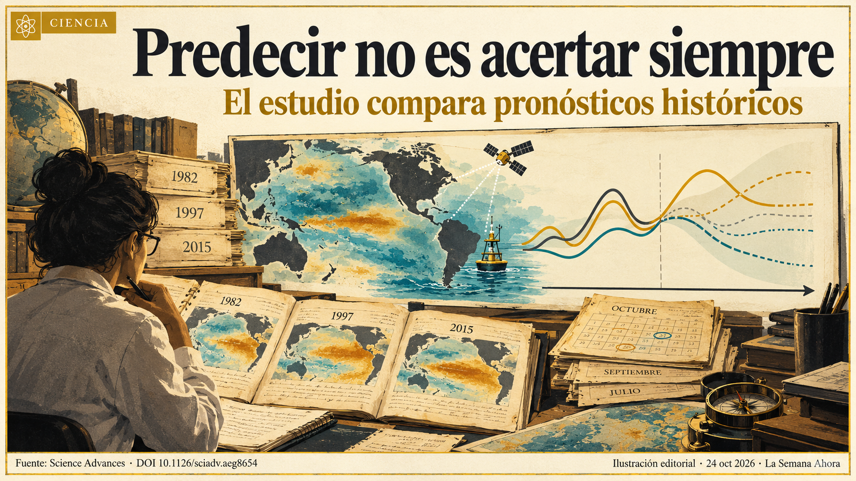 Archivos, años históricos y trayectorias esquemáticas representan evaluación de pronósticos; no son resultados cuantitativos del artículo.