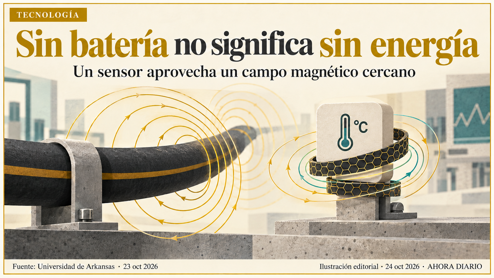 Sensor conceptual próximo a un cable eléctrico, con representación esquemática de captación energética.