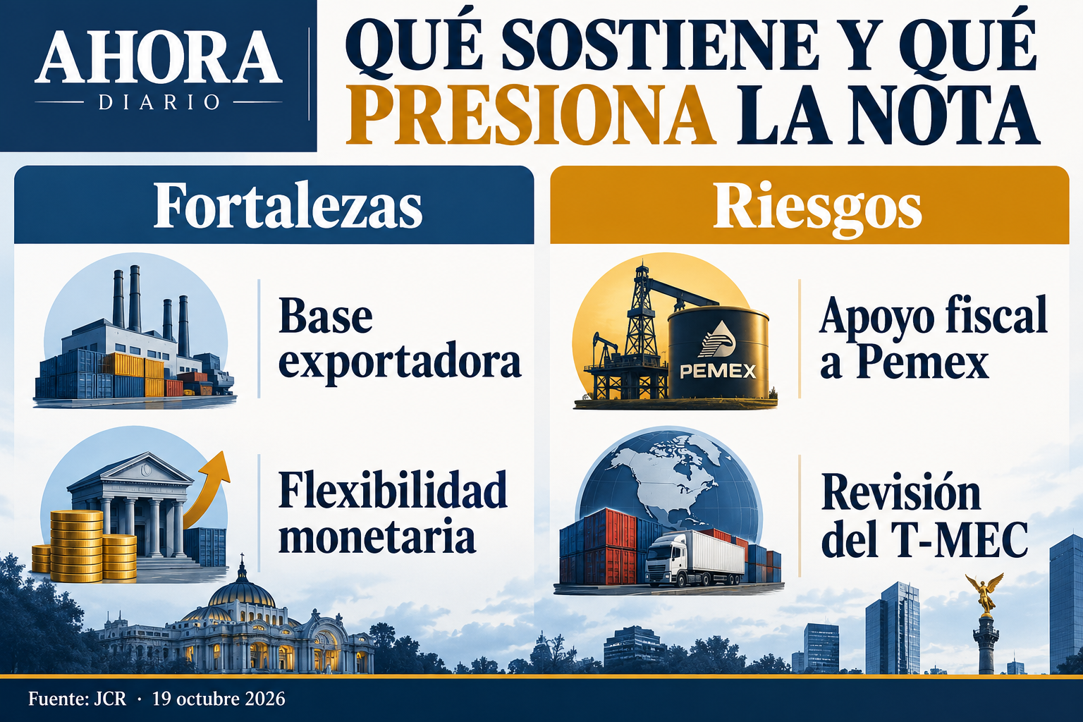 Industria exportadora y flexibilidad monetaria frente al apoyo fiscal a Pemex y la revisión del T-MEC.