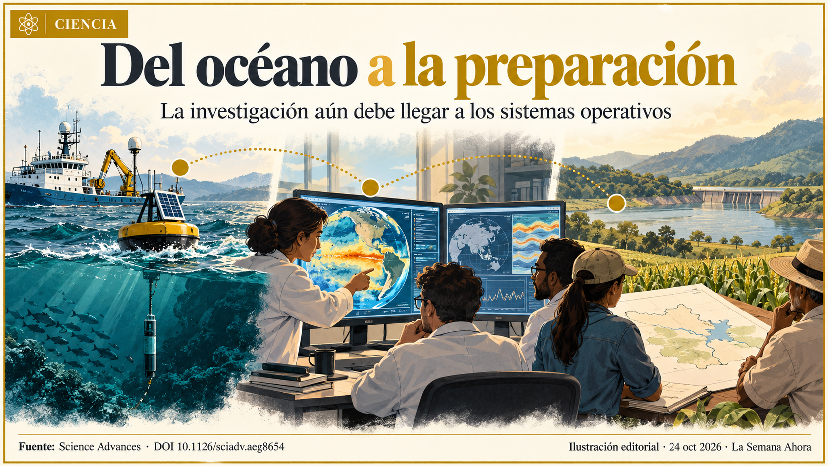Ilustración conceptual de observación oceánica, información climática y preparación, sin pronóstico para un lugar específico.