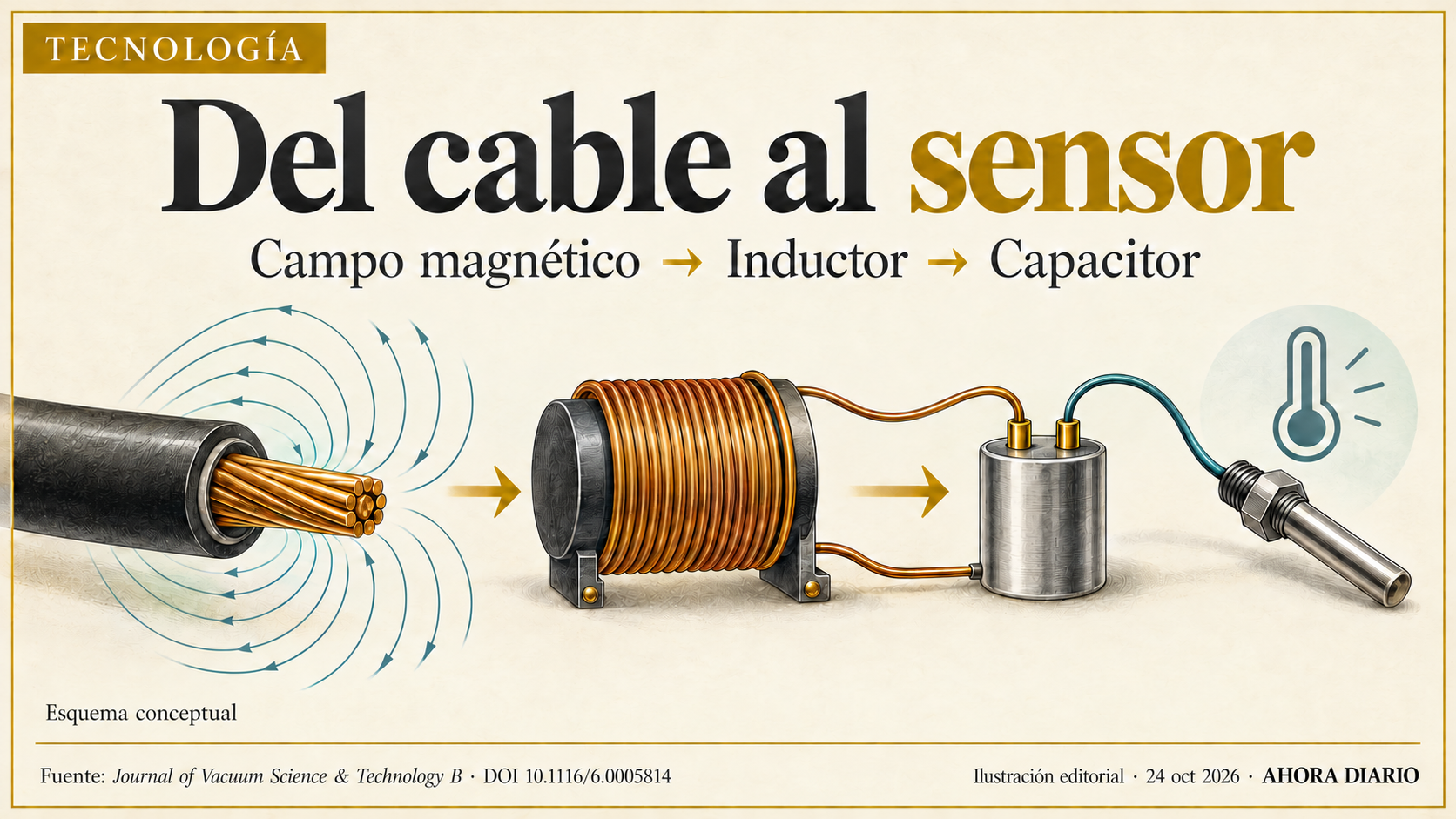 Cadena conceptual desde campo magnético del cable hasta inductor y capacitor que abastece un sensor.
