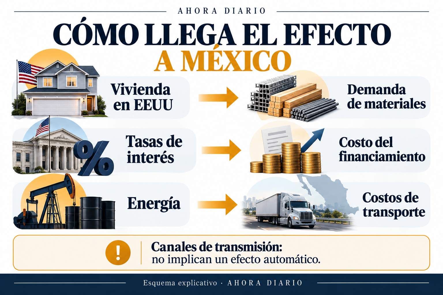 Tres rutas relacionan la vivienda con materiales, las tasas con financiamiento y la energía con transporte.