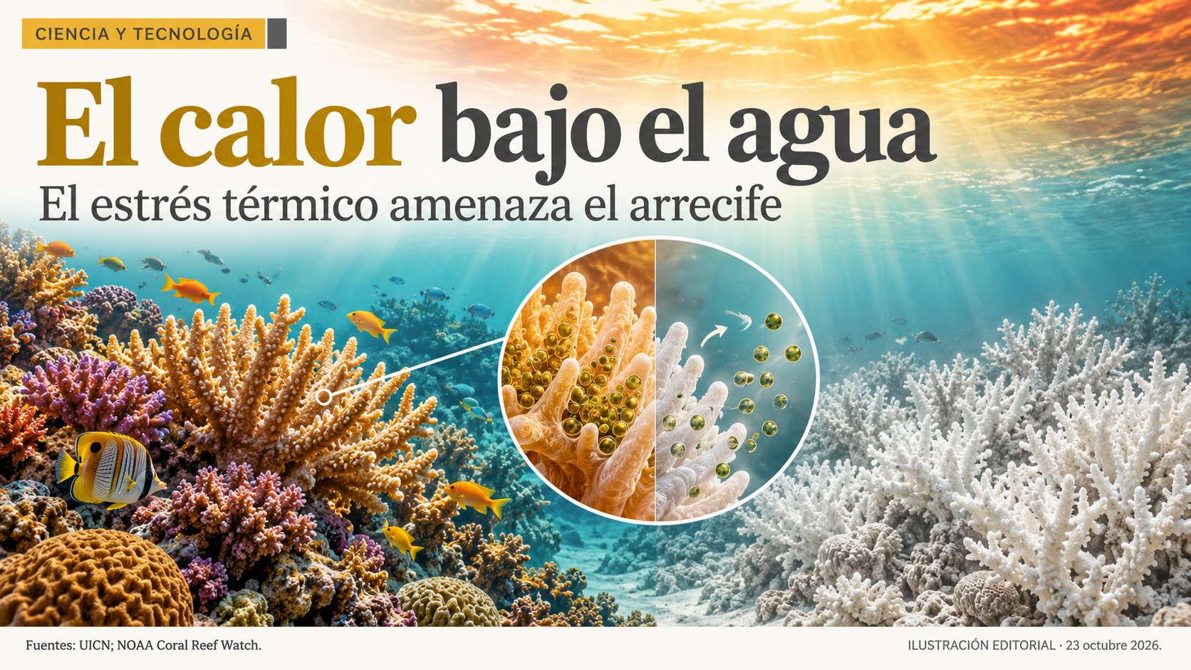 Calor bajo el agua y alteración del coral, sin representar un sitio observado.