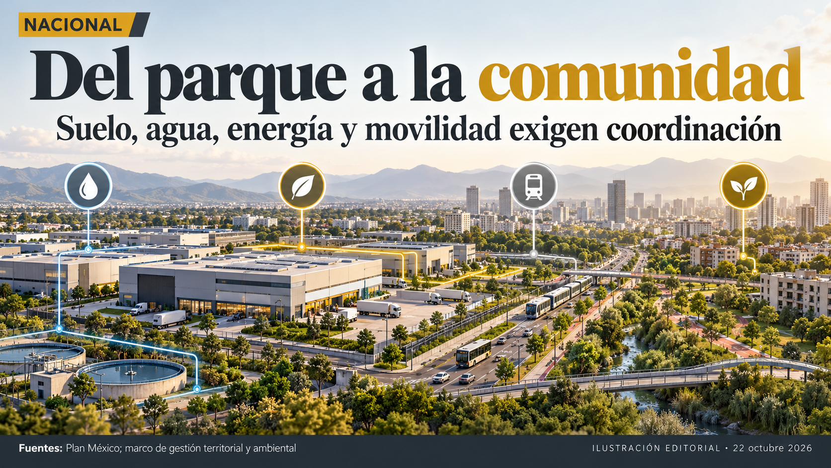 Suelo, agua, energía y movilidad conectan el parque con la comunidad.