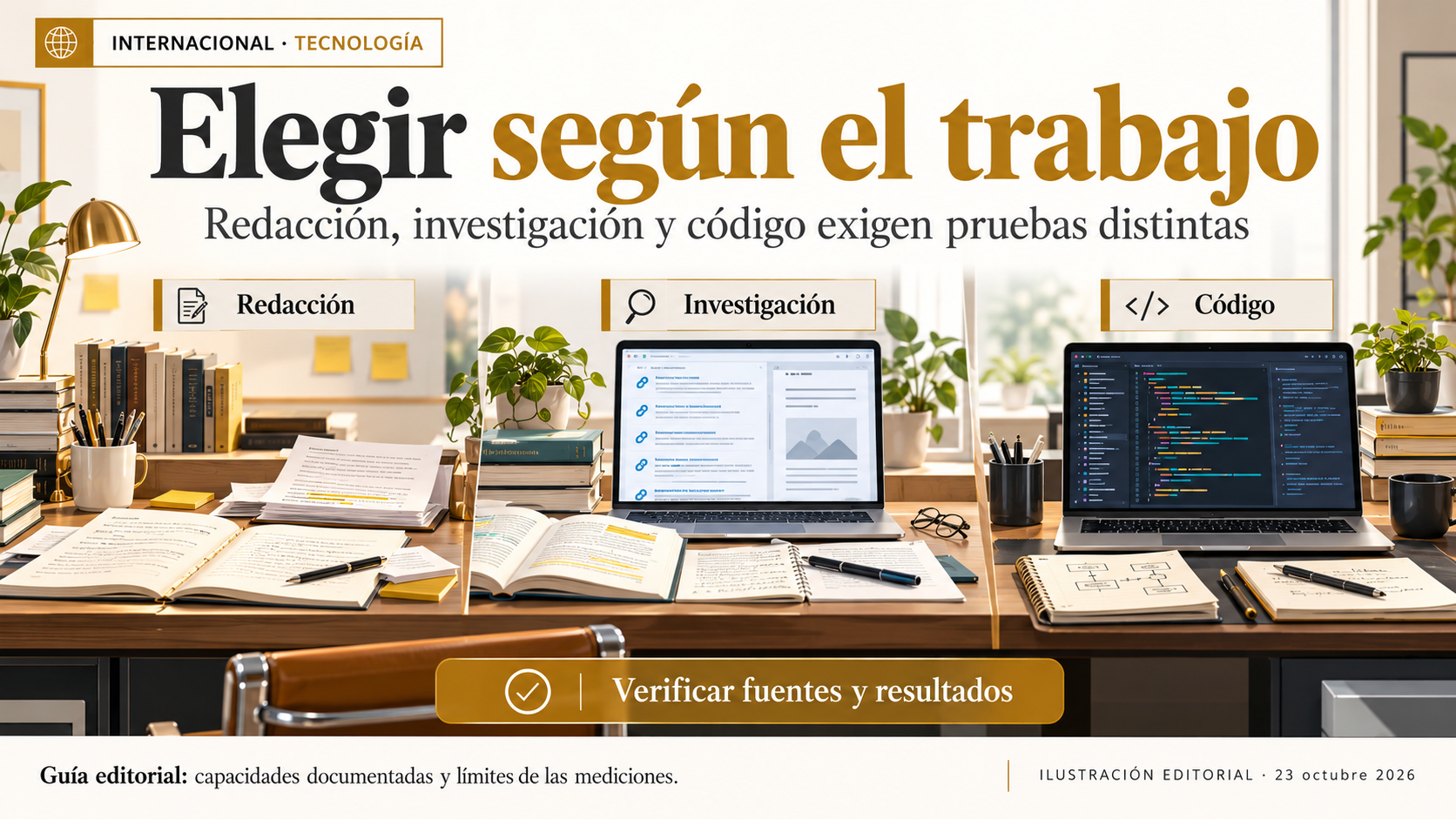 Escenas conceptuales de investigación, escritura y programación con revisión humana.