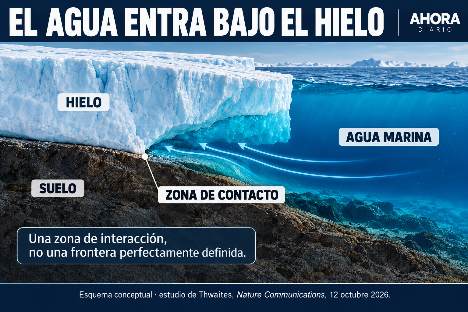 Corte conceptual de hielo, mar, lecho y zona de contacto; no es una imagen satelital.